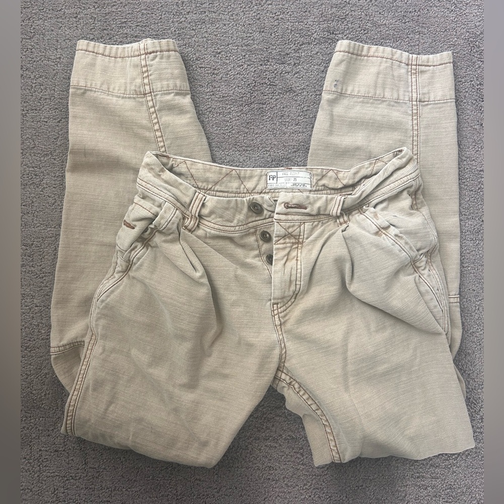 Free People Khaki Utility Pants | Button Fly Workwear Straight Leg | Size 25